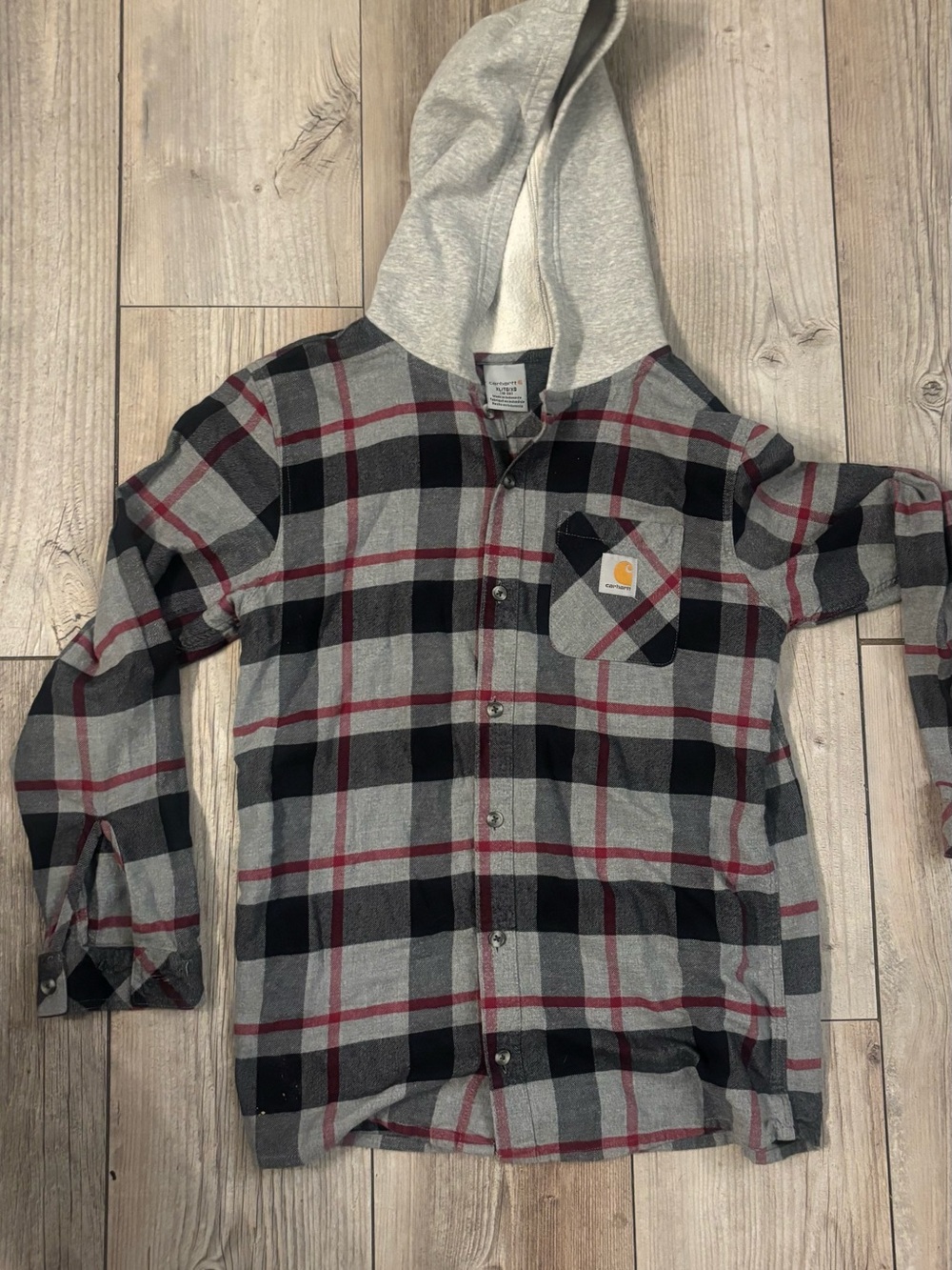 Carhartt Youth XL Gray and Black Plaid Hooded Button-Down Shirt